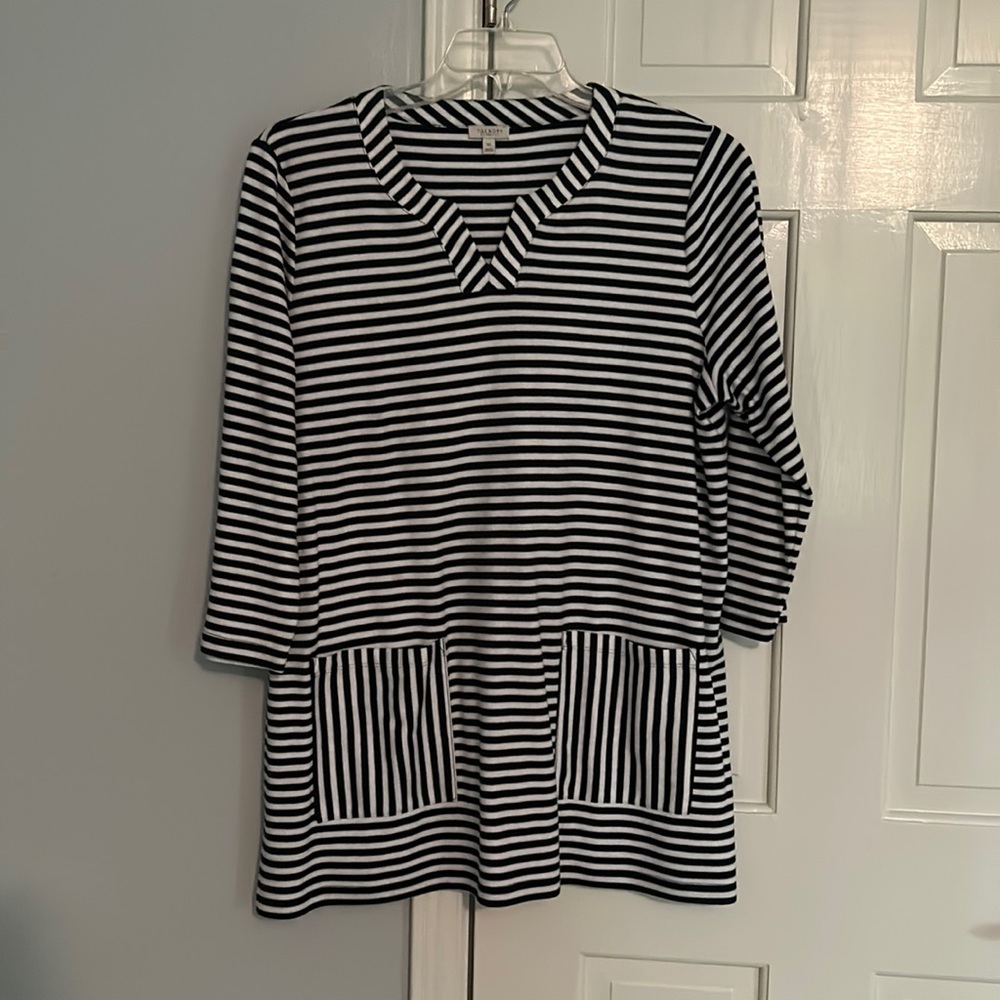 Talbots tunic; black and white stripes. size XL